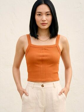 Orange Ribbed Tank Top Square Neckline size S/M stretchy by Gypsy + Jade